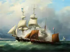 Englische Brigg in Flammen by E. Galloway, oil on canvas, sold Jul 2016