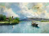 Blick auf die Fraueninsel im Chiemsee mit Fischern im Vordergrund by Josef Wopfner, oil on canvas, offered Apr 2016