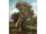 Von Bäumen Gesäumter Flusslauf mit Kinderpaar auf Sommerwiese by Wilhelm Kühling, oil on canvas, sold Dec 2023