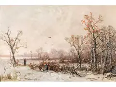 Winterlandschaft mit Holzsammlern by Adolf Stademann, oil on board, offered Dec 2025