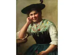 Verschmitzt Lächelndes Dirndl by Emil Rau, oil on canvas, sold Mar 2025