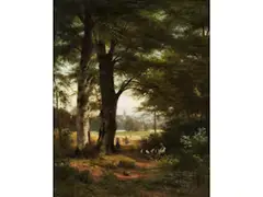 Waldlichtung mit Dorfansicht by Fritz Ebel, oil on canvas, offered Sep 2023