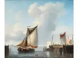 Hafeneinfahrt mit Segelschiffen und Anlegestelle by Louis Verboeckhoven d. Ä., oil on canvas, offered Mar 2024