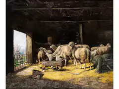 Schafe mit Hühnern in Einem Grossen Stall by Adolf Kaufmann, oil on canvas, offered Mar 2026