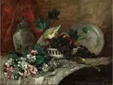 Stillleben mit Blumen, Obst und Porzellan by Eugène Henri Cauchois, oil on canvas, offered Mar 2025