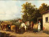 Pferdefuhrwerk vor Strausswirtschaft by Ludwig Voltz, oil on canvas, offered Jun 2024