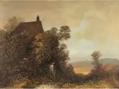 Herbstliche Landschaft mit Altem Haus und Bildstock by Oskar Mulley, oil on canvas, offered Jun 2026