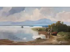 Fischerboot am Ufer des Chiemsees by Willy Moralt, oil on canvas, sold Jun 2023