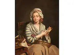 Die Wollwicklerin mit Katze by Jean-Baptiste Greuze, oil on canvas, offered Sep 2025