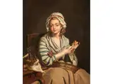 Die Wollwicklerin mit Katze by Jean-Baptiste Greuze, oil on canvas, offered Sep 2025