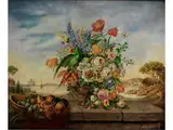 Blumenstillleben mit Früchten und Papagei vor Landschaft by Bruno von Wahl, oil on board, offered Dec 2016