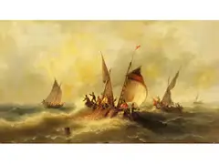 Fischerboote auf Stark Bewegter see by Albert Rieger, oil on canvas, sold Dec 2025