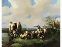 Drei Ziegen an Einem Weiher by Albertus Verhoesen, oil on panel, offered Sep 2024