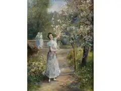 Parkanlage im Frühling mit Junger Frau by Emil Barbarini, oil on panel, sold Jun 2025
