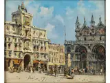 Blick auf den Uhrenturm und den Markusdom in Venedig by Roberto Iras Baldessari, oil on board, offered Mar 2024