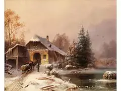 Winterlandschaft mit Verschneitem Gehöft an Einem see by Anton Doll, oil on canvas, offered Dec 2025