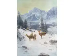 Hirschrudel im Verschneiten Hochgebirge by Ludwig Skell, oil on canvas, sold Dec 2025