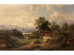 Alpenlandschaft mit Hütte und Figuren by Emil Barbarini, oil on canvas, offered Jun 2025