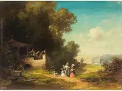 Die Rast der Spaziergänger by Willy Moralt, oil on panel, sold Jun 2024
