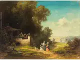Die Rast der Spaziergänger by Willy Moralt, oil on panel, sold Jun 2024