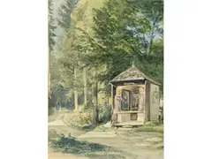 Marterl im Wald mit Sich Nähernder Magd by Carl Spitzweg, watercolor, sold Jun 2024