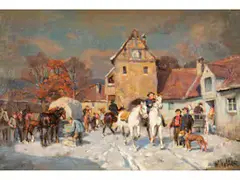 Winterlicher Pferdemarkt vor dem Stadttor by Wilhelm Velten, oil on panel, sold Jun 2026