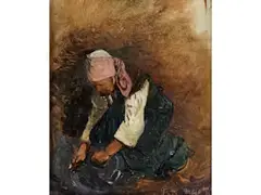 Ältere Bäuerin bei Waschtätigkeit by Paul Friedrich Meyerheim, oil on canvas, offered Jun 2021