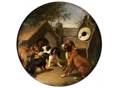 Vier Hunde vor Einer Hütte by Ludwig Voltz, oil, sold Jul 2015