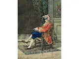 Sitzender Offizier in Fürstlichem Innenraum by Manuel García Hispaleto, watercolor, offered Jun 2025