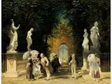 Begegnung vor Toreingang zum Park by Johann Friedrich Hennings, oil on panel, offered Jun 2025