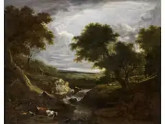 Wassersturz in Bewaldeter Landschaft mit Kühen by Benjamin Barker, oil on canvas, offered Dec 2025