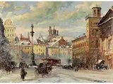 Stadtansicht des Warschauer Zentrums im Schnee by Władysław Chmieliński, oil on board, sold Dec 2025