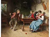 Bauernstube mit Junger Strickender Frau by Johann Hamza, oil on panel, sold Mar 2025