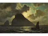 Norwegische Meereslandschaft mit Bergspitzen und Segelschiff bei Mondschein by Knud Baade, oil on canvas, sold Jun 2024