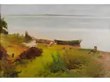 Boot am Seeufer by Karl Raupp, oil on board, offered Jun 2024