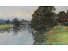 Flusslandschaft mit Brücke by Edward Theodore Compton, oil on canvas, sold Mar 2026