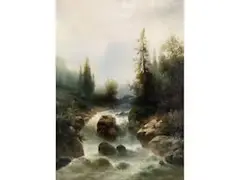 Waldlandschaft mit Reissendem Bergbach Zwischen Fichten by Rudolf Giffinger, oil on canvas, offered Dec 2024