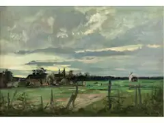 Weite Wiesenlandschaft mit Gehöft im Licht der Untergehenden Sonne by Hippolyte Camille Delpy, oil on canvas, sold Dec 2021