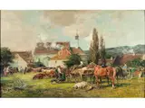 Viehmarkt vor Einer Dorfkirche in Niederbayern by Karl Stuhlmüller, oil on board, offered Jun 2024