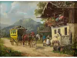 Rastende Postkutsche vor Bauernhaus by Ludwig Müller-Cornelius, 1864 München – 1946, oil on panel, sold Jun 2019