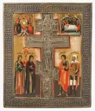Russisch, 19.Jh by Staurothek-Ikone "Kreuzigung Christi" mit Basma, tempera, offered Jun 2024