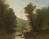 Baumbestandene Flusslandschaft by Gustave Castan, oil on panel, offered Jun 2024