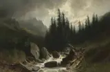 Zwei Treibholzsammler an einem Gebirgsbach bei aufziehendem Gewitter by Gustave Castan, oil on canvas, sold Jun 2024
