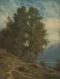 Blick von einer bewaldeten Anhöhe auf den Genfersee by Jean Philippe George, oil on board, offered Jun 2024