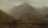 Bauern mit Viehherde bei der Heuernte by Karl Girardet, oil on canvas, sold Jun 2024
