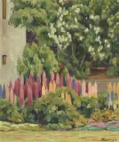 Frühlingsgarten mit Lupinien by Theo Meier, oil on board, offered Jun 2024