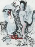 Frauen mit Leopard by Mario Comensoli, 1991, mixed media, offered Jun 2024