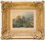 zugeschrieben Bewaldete Landschaft mit Reiter an einem Wald by Alexandre Calame, watercolor, sold Jun 2024