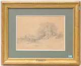 Jäger und Ente in mooriger Landschaft by Gustave Castan, pencil, sold Jun 2024