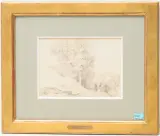 Waldlandschaft mit Brücke und Staffage by Karl Girardet, pencil, offered Jun 2024